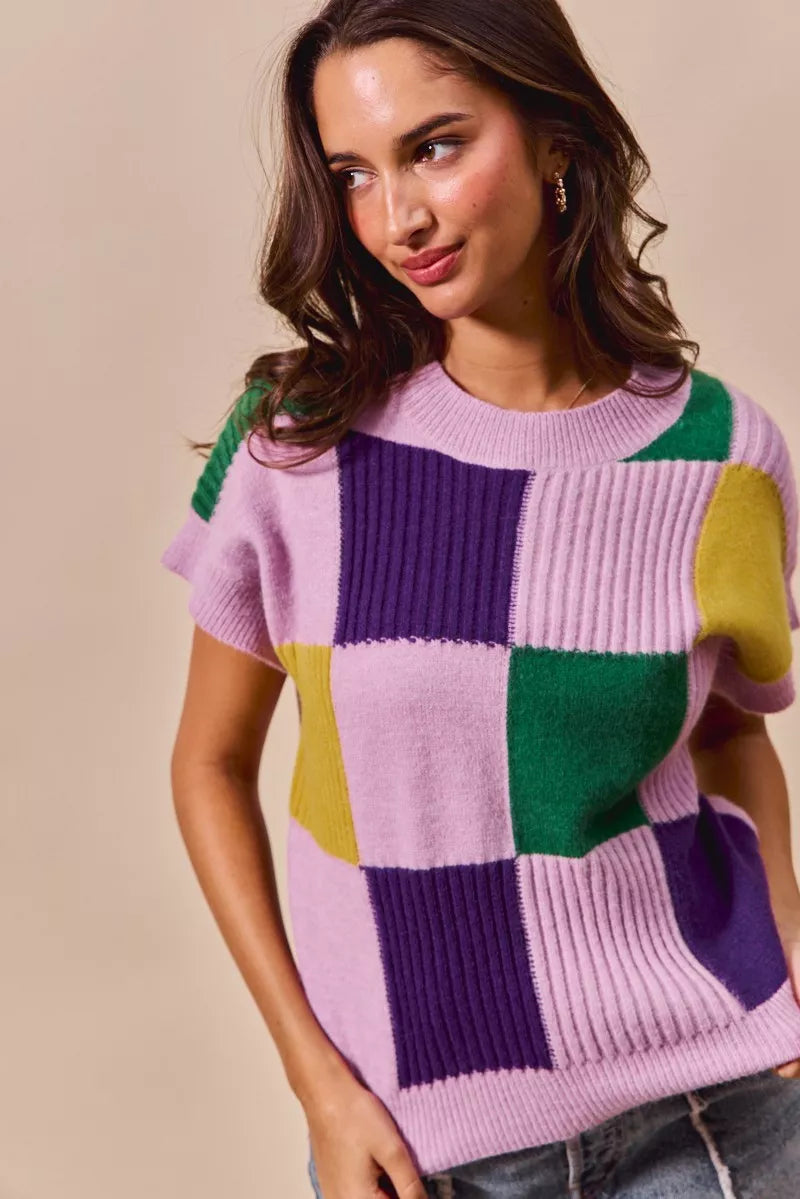 SO ME Casual Sweater Top Women Mardi Gras Check Plaid Short Sleeve Top 058857740797484e8cabb2b98b1bb2dd-Max-Origin Trendsi
