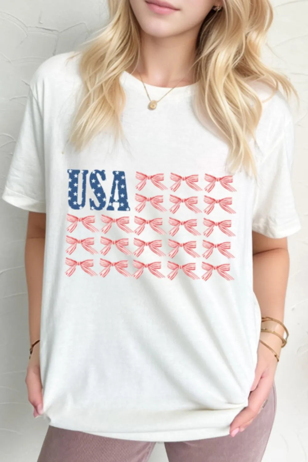 Women's T-shirt USA Flag Bow Knot Print Round Neck White Top Tee 058d6016-c7de-4d66-8a50-df5dabc610d7-Max-Origin Trendsi