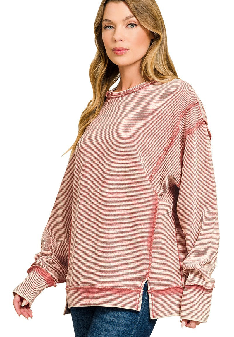 Zenana Acid Washed Double Ribbed Exposed‑Seam Sweatshirt Women’s Casual Top