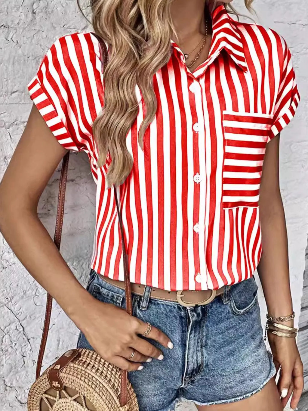 Women's Shirt Striped Short Sleeve Top with Pocket Red 059a7c2b-7bb3-498f-acfa-d3e1280ba801-Max-Origin Trendsi