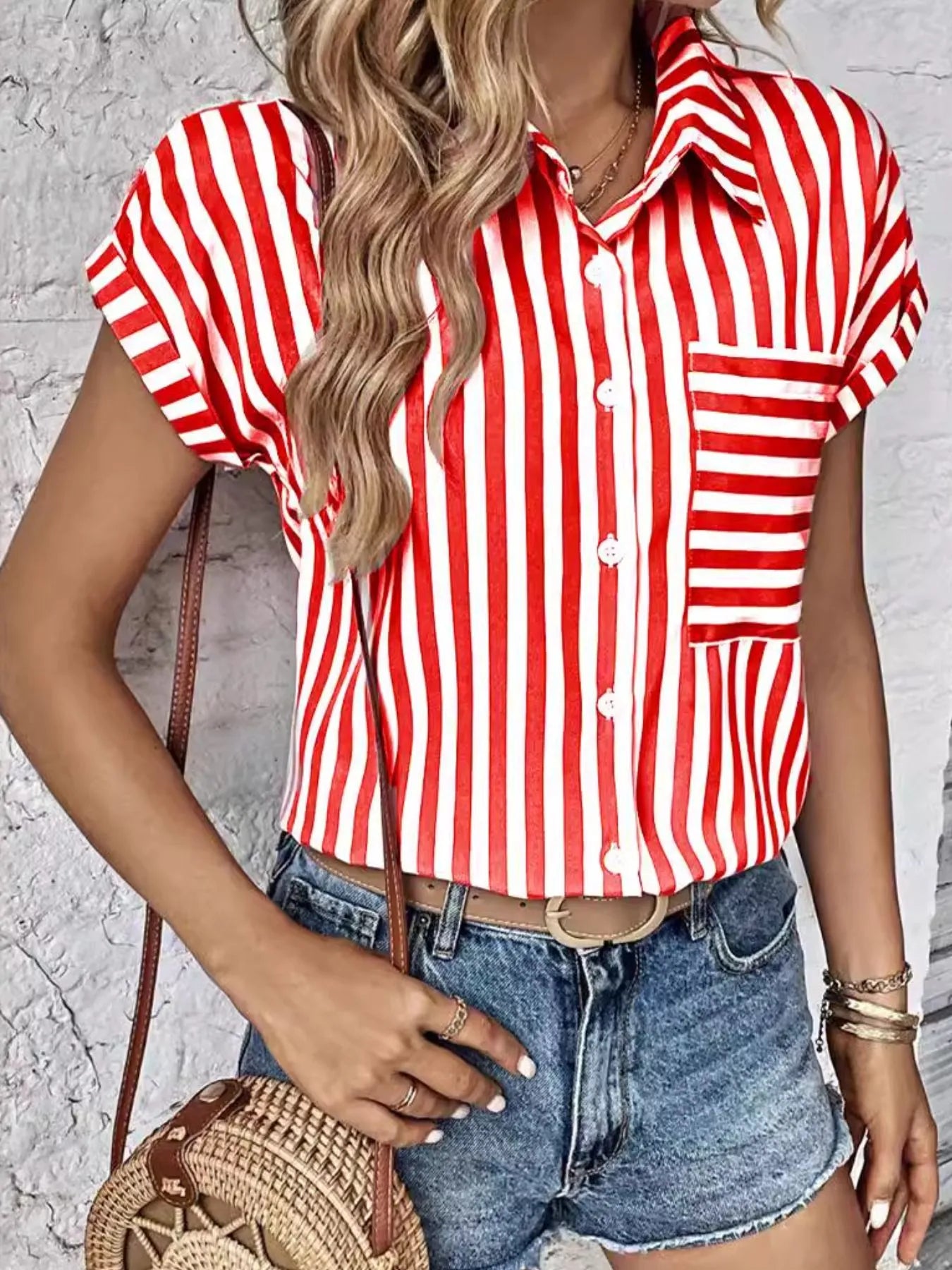 Women's Shirt Striped Short Sleeve Top with Pocket Red 059a7c2b-7bb3-498f-acfa-d3e1280ba801-Max-Origin Trendsi