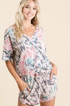 BiBi Tie Dye Print Terry V Neck Top With Contrast Short Sleeve Blouse 059fcb8acc5646fda99a527a85a954e8-Max-Origin Trendsi