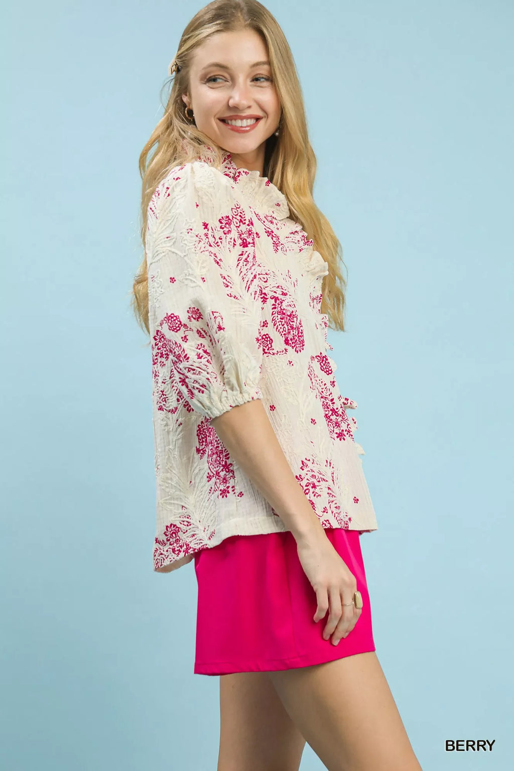 Umgee Womens Blouse Floral Embroidered Top with Ruffle Trim Short Sleeve 05b0d147-c870-4c46-8990-43c3564a5452-Max-Origin Trendsi
