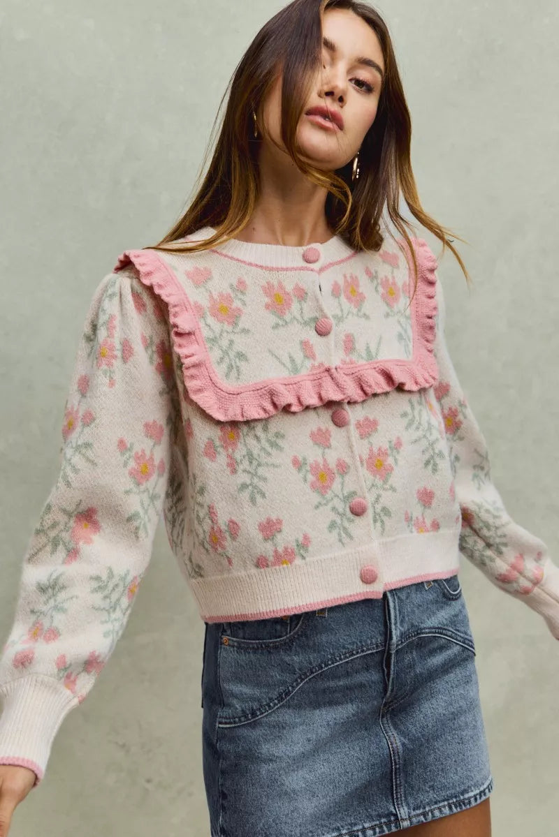 SO ME Womens Sweater Cardigan Beige Pink Flower With Ruffle Detailing 05d46e17b4fe4aa496a8c29511b2919a-Max-Origin Trendsi