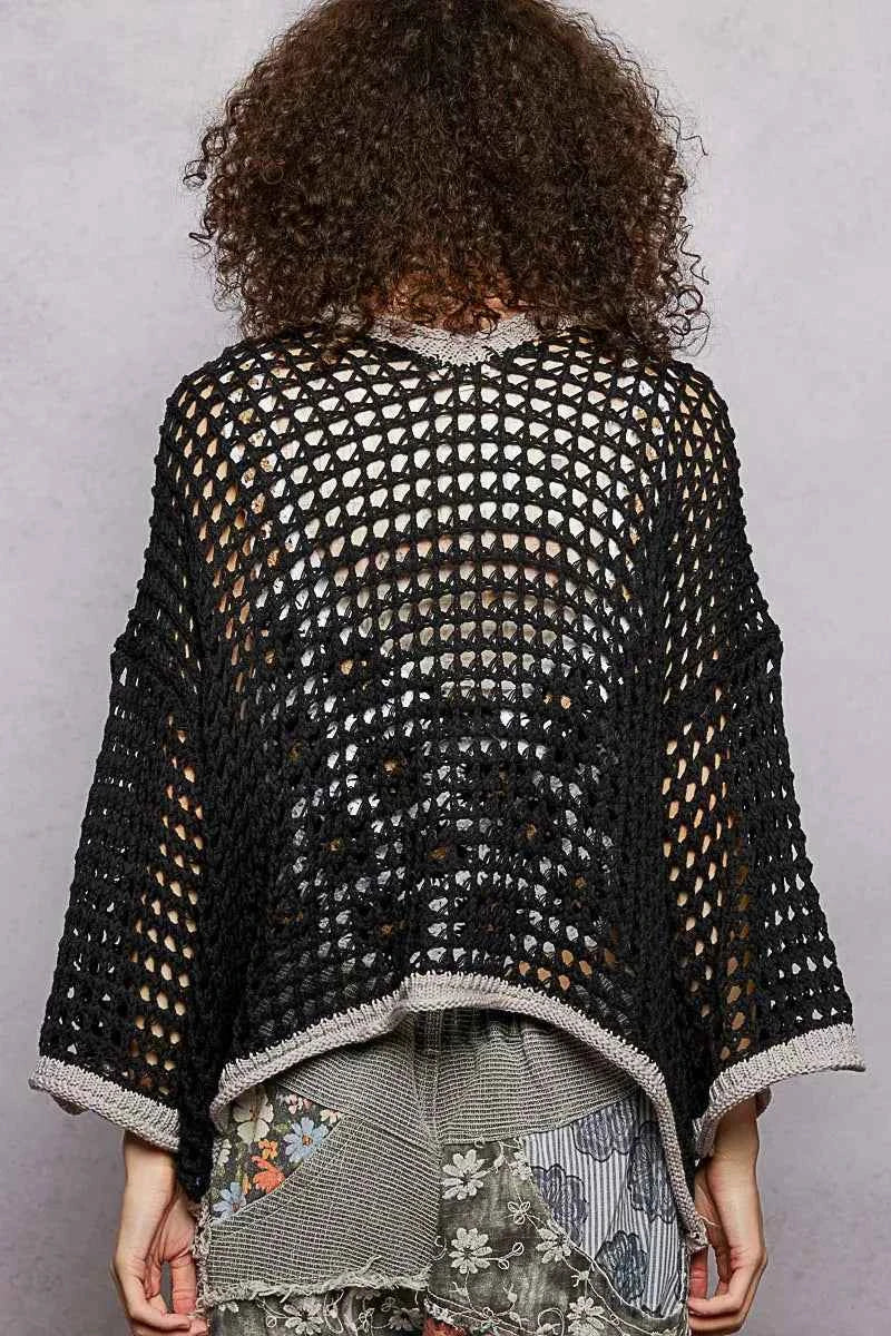 POL Open Front Openwork Cardigan with Contrast Trim