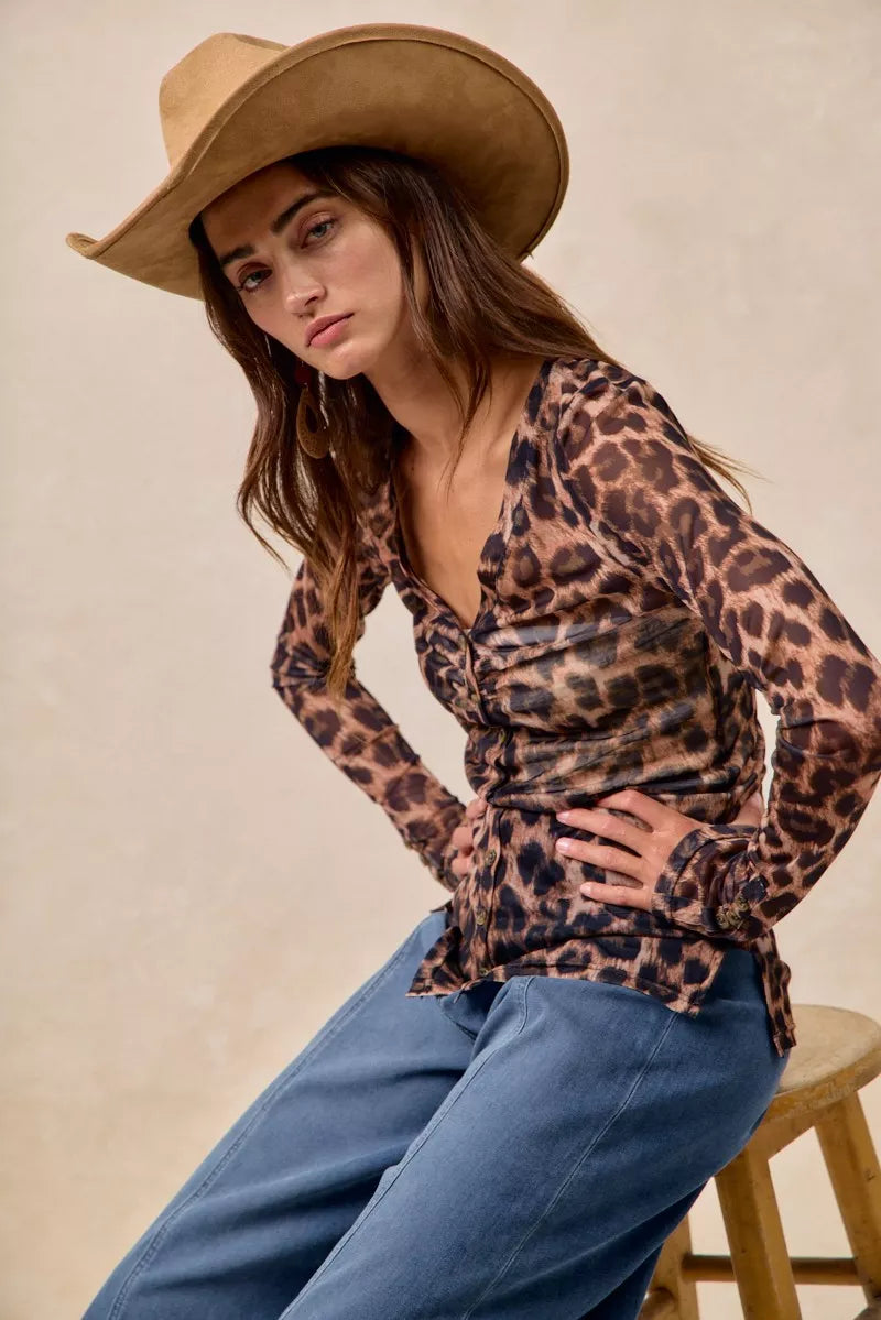 BiBi Women's Shirt Leopard Printed Mesh With Button Up V Neck Long Sleeve 05d87834012748bab7778a6bd1c44543-Max-Origin Trendsi