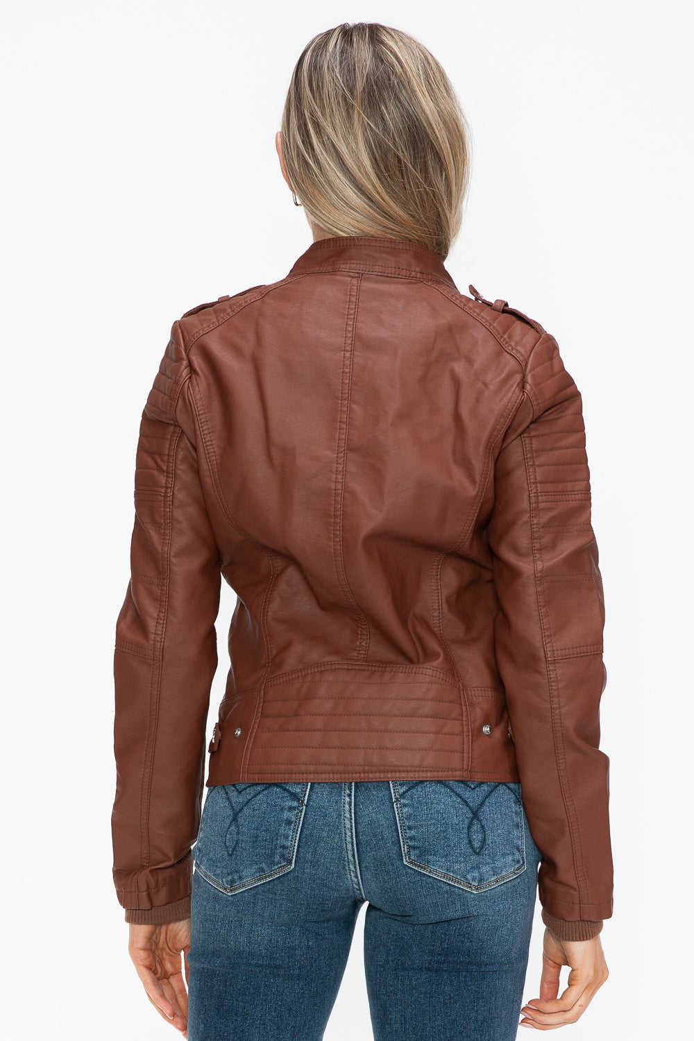 Snobbish PU Leather Women Jacket Brandy Biker with Side Zip Pockets