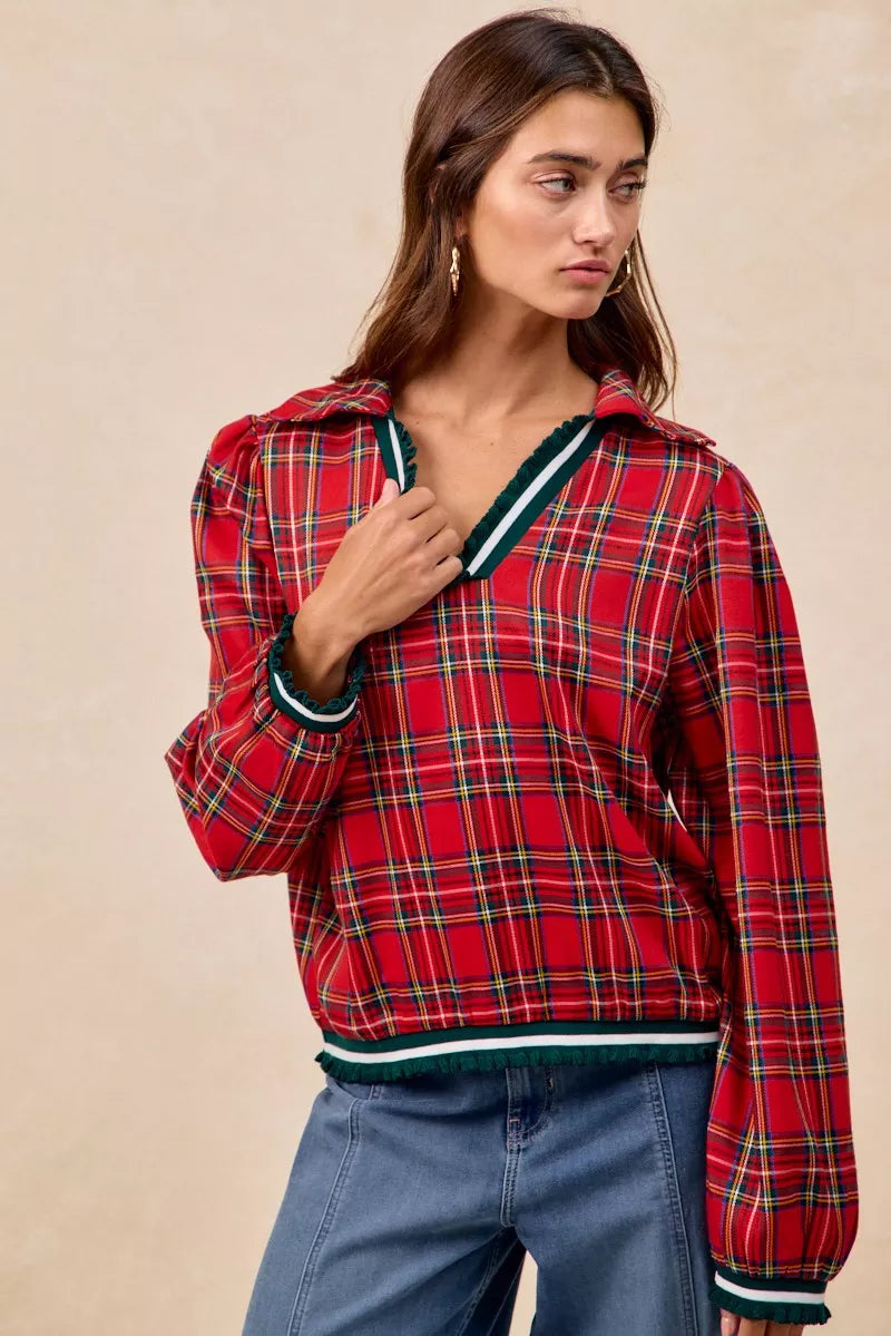 BiBi Christmas Womens Blouse Red Plaid Collared Top with Ruffled Detail 05de7b1dce3b4ebc80f438646d1d837e-Max-Origin Trendsi