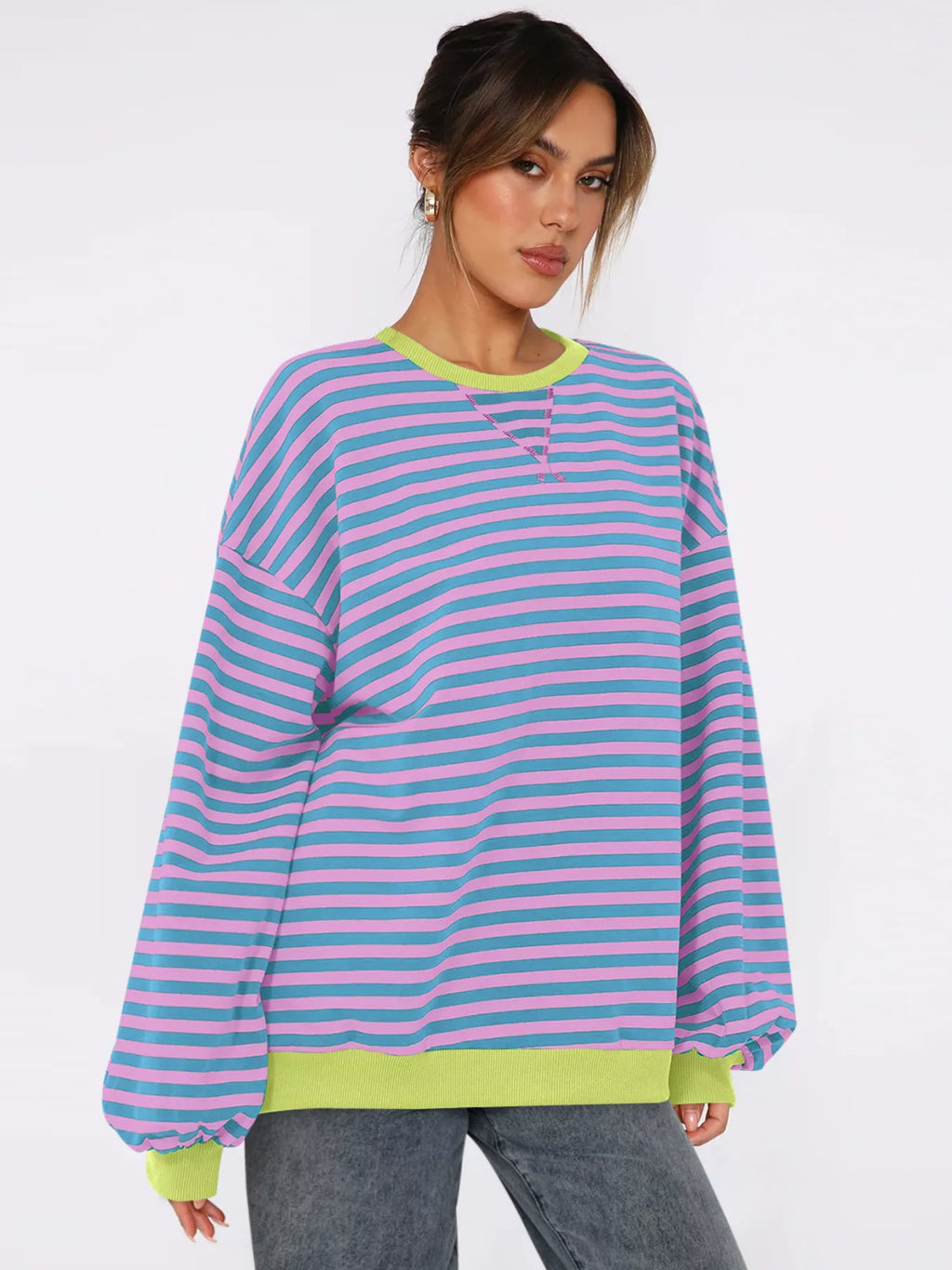 Women's Sweatshirt Striped Round Neck Long Sleeve Oversized Ribbed 05fd895b84a44043b15bc1d6901e7c3c-Max-Origin Trendsi