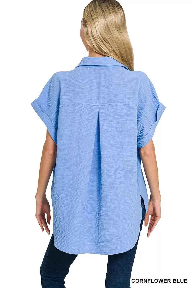 Zenana Women Shirt Blue Woven Airflow Short Sleeve Top 06001ab3722642deb1a23fdcf4b438f8-Max-Origin Trendsi