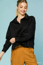 Umgee Blouse Black Collared Neck Long Sleeve Top with Raw Hem Detail Black 0603aab9-a480-4ad8-9ceb-4bf56de497d3-Max-Origin Trendsi