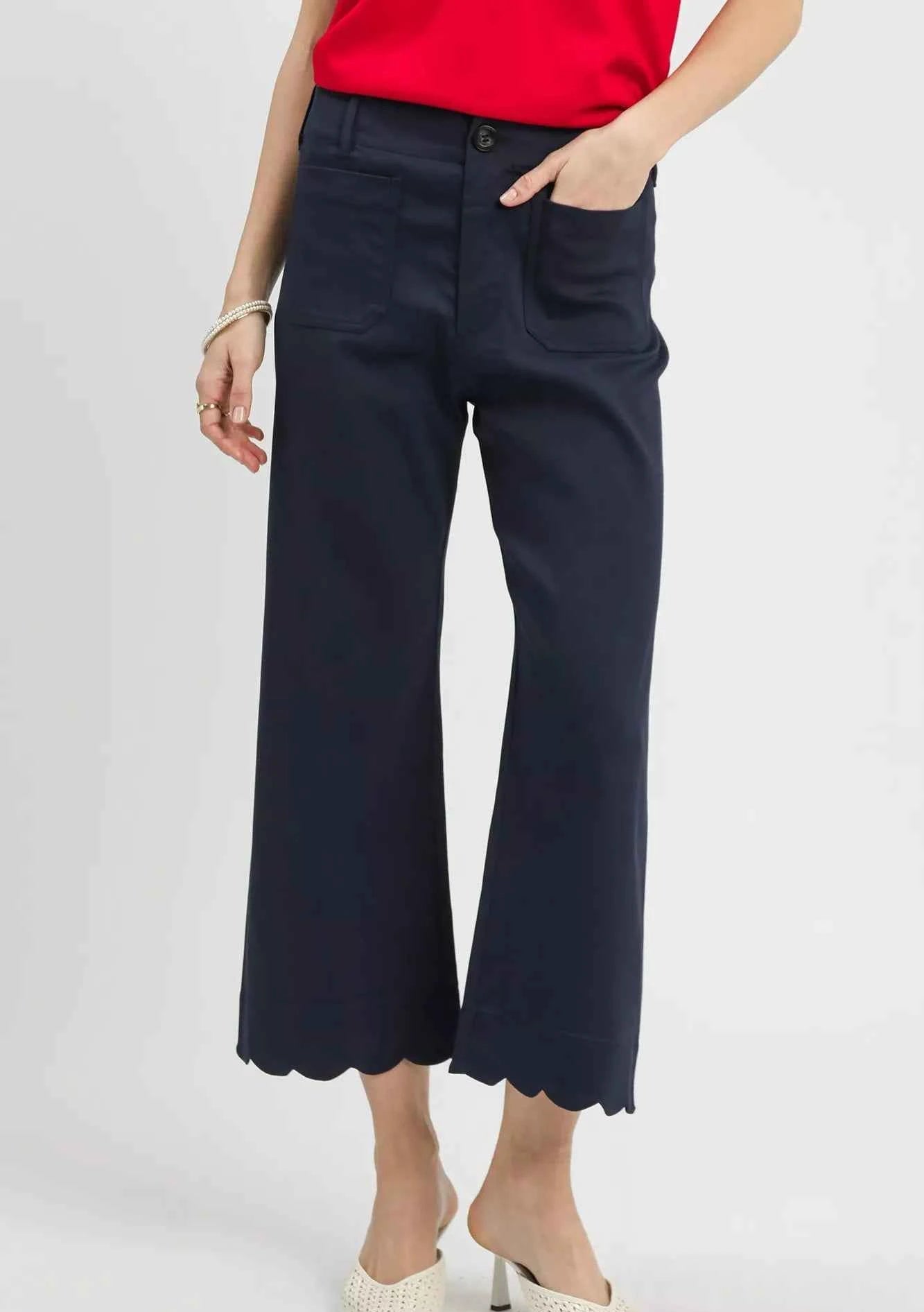 Umgee Wide Leg Pants Cropped Navy Blue Scallop Hem with Front Pockets NAVY 06077c1f-8fc6-4365-a965-fe06d030a624-Max-Origin Trendsi