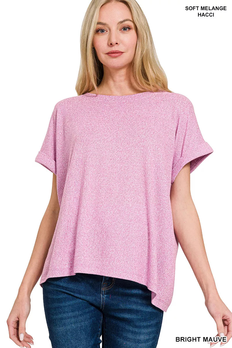 Zenana T-shirt Soft Melange Hacci Bright MauveShort Sleeve Round Neck Top 0609c377-6e25-45d8-ba3f-06319334f5e0-Max-Origin Trendsi