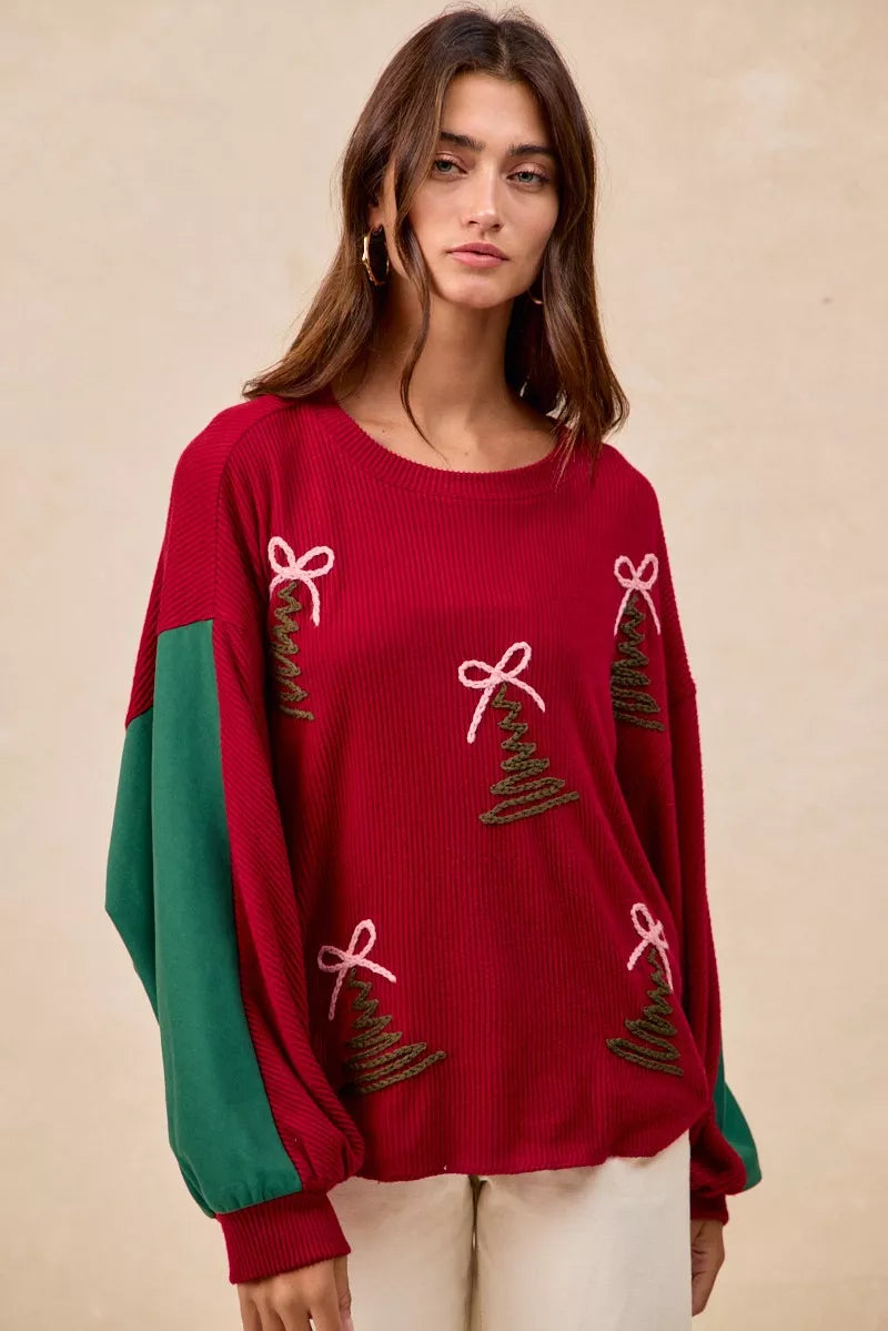 BiBi Womens Sweater Christmas Theme Tree Embroidered Red Pullover 060c510e911e485d8abee3f1ba0af7bb-Max-Origin Trendsi