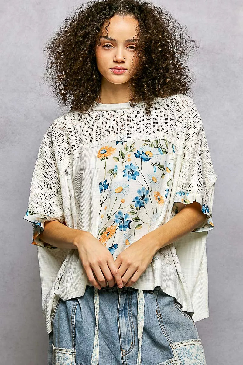 POL Floral Blouse Ivory Patchwork Lace Accent Short Sleeve Top IVORY 061724f7-e295-4bce-900a-dba18c24d0aa-Max-Origin Trendsi