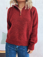 Women's Sweater Quarter Zip Hooded Ribbed Hem Long Sleeve Knitwear 06189cce3fd848fb9e4f25a25e981045-Max-Origin Trendsi