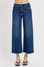 RISEN Women's Jeans Wide Leg Buckle Raw Hem Cropped Dark Washed Basic Style Dark 061a9526-c4d8-44b6-8cae-106a14348ebf-Min Trendsi