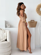 Maxi Summer Dress V Neck Tied Shoulder Slit Short Sleeve High Waisted 061cffe0-2c22-4bbd-8ce5-b75284eb9712-Max-Origin Trendsi