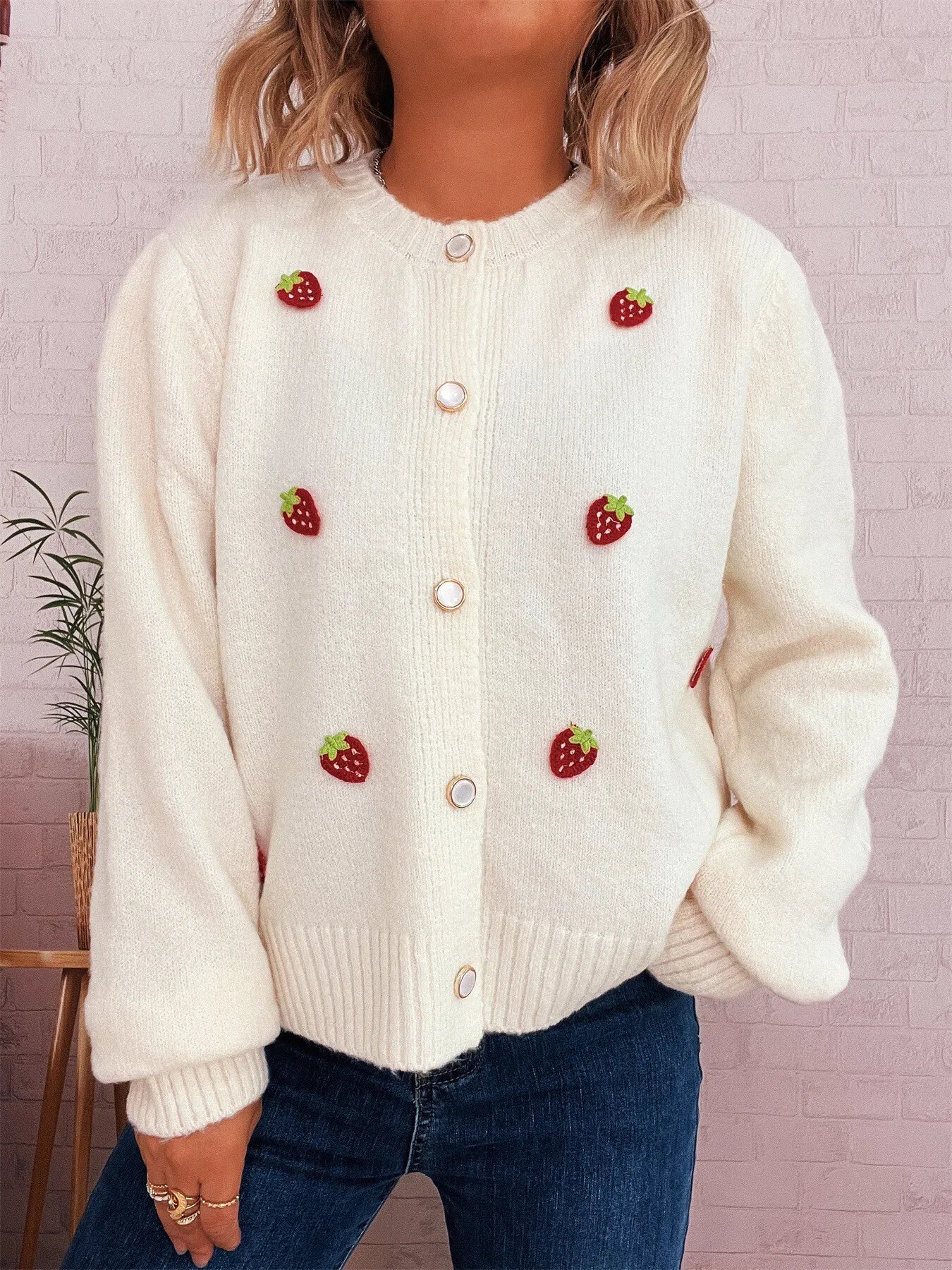 Women's Cardigan Strawberry Button Up Long Sleeve Soft Knit White One Size 061eaf1a0dd048c89dc3605f934c1a24-Max-Origin Trendsi