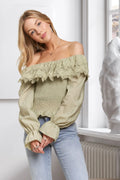 ADORA Smocking Blouse Off Shoulder with Eyelet Lace Ruffle Long Sleeve SAGE 0626782805a04904ac6c25c341e36b43-Max-Origin Trendsi