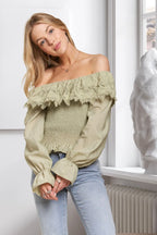 ADORA Smocking Blouse Off Shoulder with Eyelet Lace Ruffle Long Sleeve SAGE 0626782805a04904ac6c25c341e36b43-Max-Origin Trendsi
