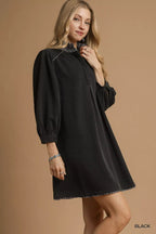 Umgee Shift Mini Dress Black French Terry Balloon Sleeve with Leopard Print 062b05ed-4f29-4a78-9760-80bf7bb18628-Max-Origin Trendsi