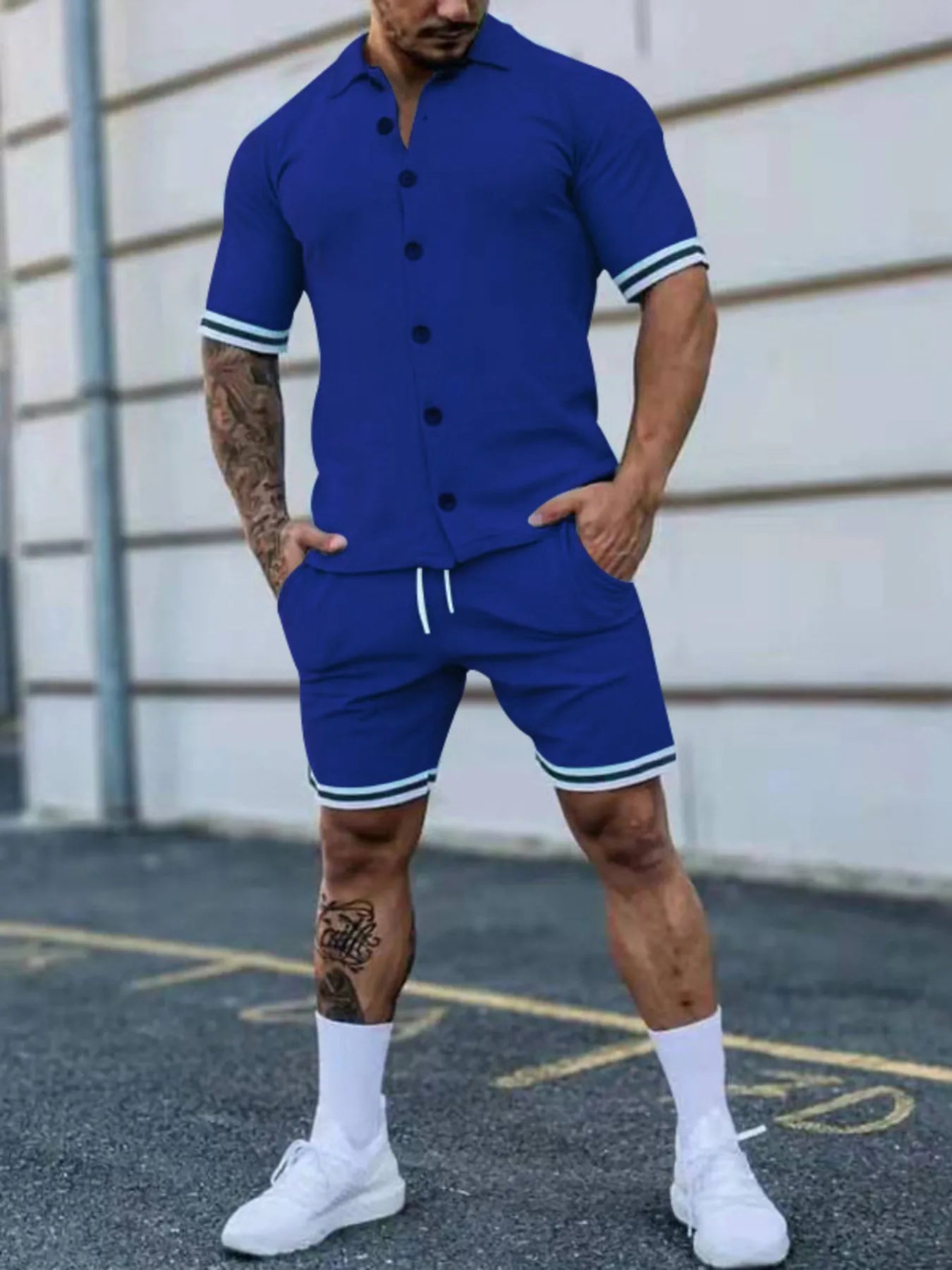 Men's Outfit Set Casual Striped Hem Button Up Short Sleeve Top and Shorts Royal Blue 0634186a01784bdfaf5e3540b70b7bc0-Max-Origin Trendsi