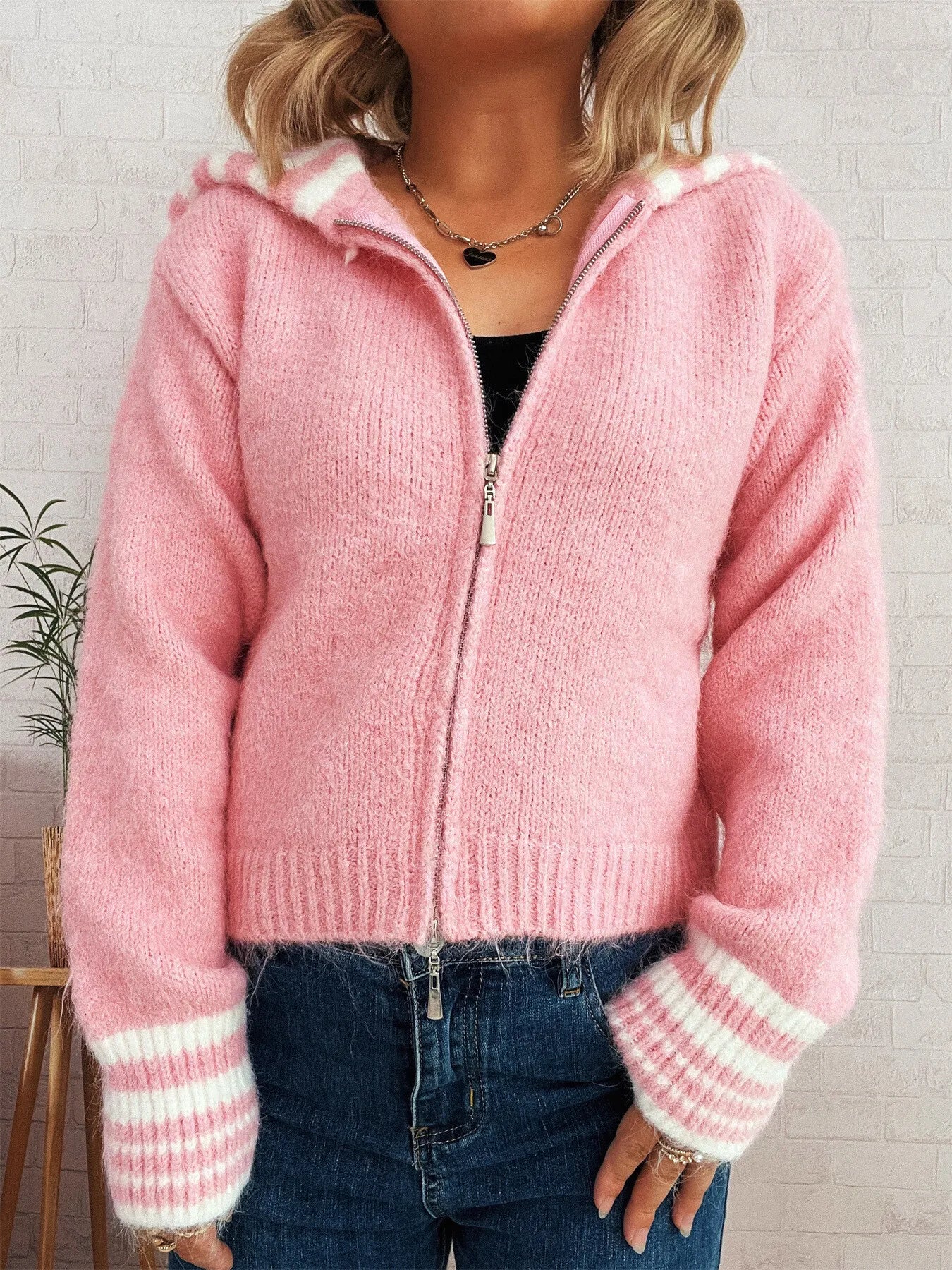 Women's Cardigan Striped Zip-Up Knit Long Sleeve Collared 06383959c47240d58a3e0d32e9fd1f56-Max-Origin Trendsi