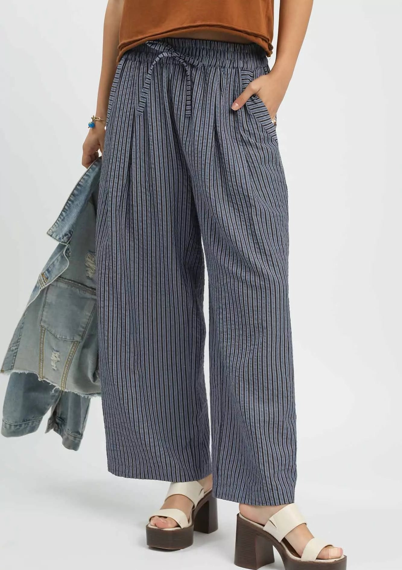 Umgee Wide-Leg Pants Navy Blue Striped Drawstring Trousers with Pockets NAVY 0653299d-9c28-4814-9402-98f4b9508f95-Max-Origin Trendsi