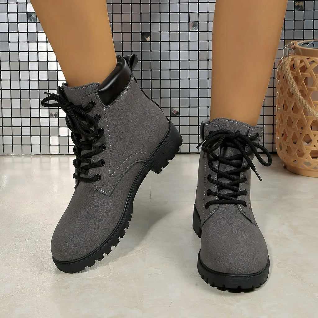 Women's Boots Suede Lace Up Block Low Heel Shoes Gray 0653c54a585e4aaa8919fc3b3f55b94d-Max-Origin Trendsi