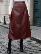 Midi Skirt Faux Leather Croco Pattern High Waist Back Zipper Skirts Burgundy 0653f8da-2111-43cc-b966-d6c3d6b54905-Max Trendsi