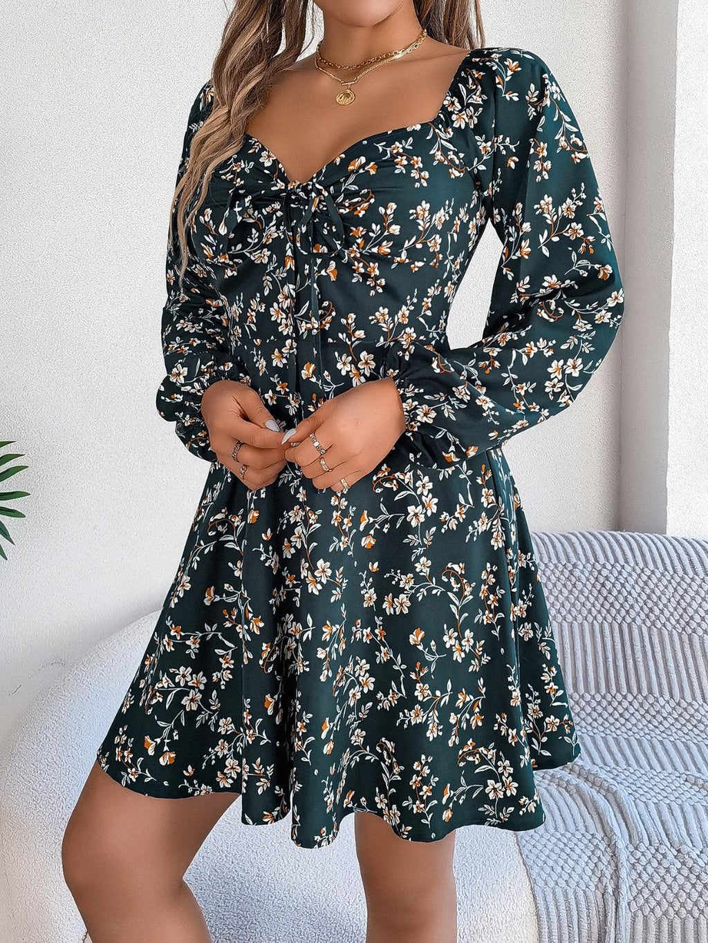 Mini Dress Floral Printed Sweetheart Neck Balloon Sleeve 065bf582-6f90-4fb5-bcf1-e9ec13819d01-Max Trendsi