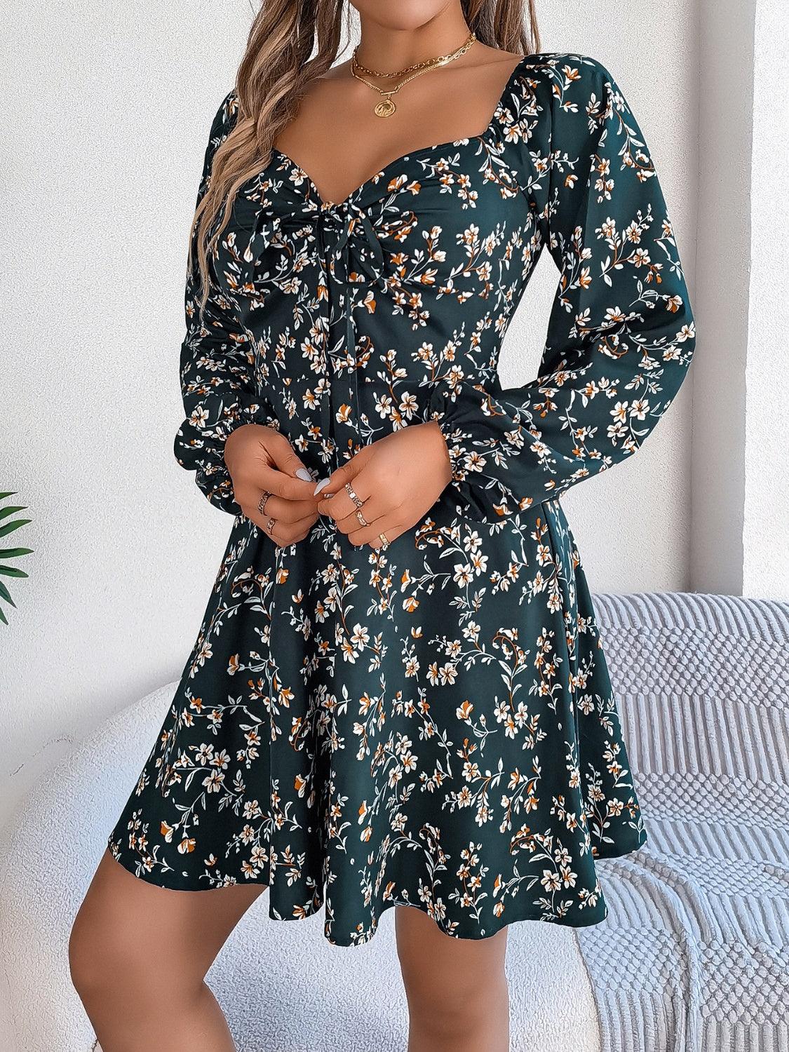 Mini Dress Floral Printed Sweetheart Neck Balloon Sleeve 065bf582-6f90-4fb5-bcf1-e9ec13819d01-Max Trendsi