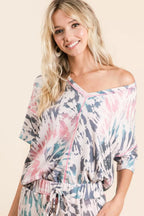 BiBi Tie Dye Print Terry V Neck Top With Contrast Short Sleeve Blouse 065d09eb67984411b2234d878c8c62ba-Max-Origin Trendsi