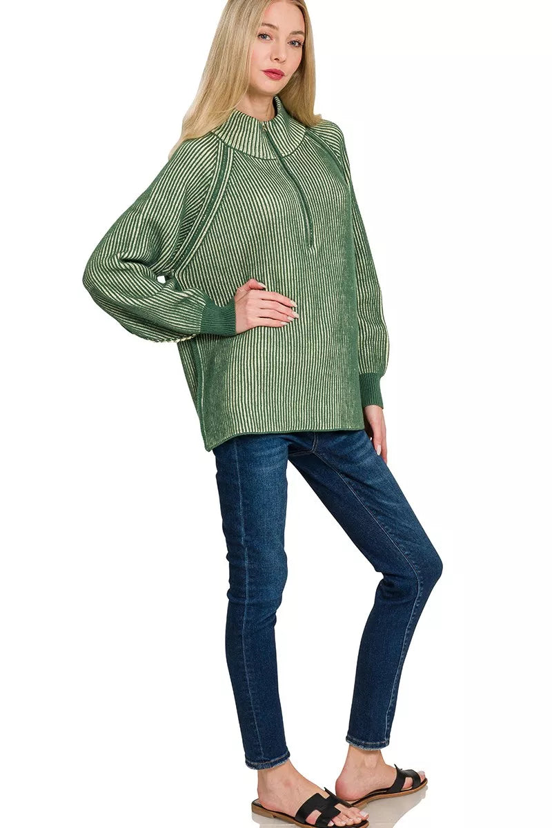 Zenana Womens Sweater Green Ribbed Two Tone Half Zip 06630764042d4094a2ffb5f092d33d9c-Max-Origin Trendsi