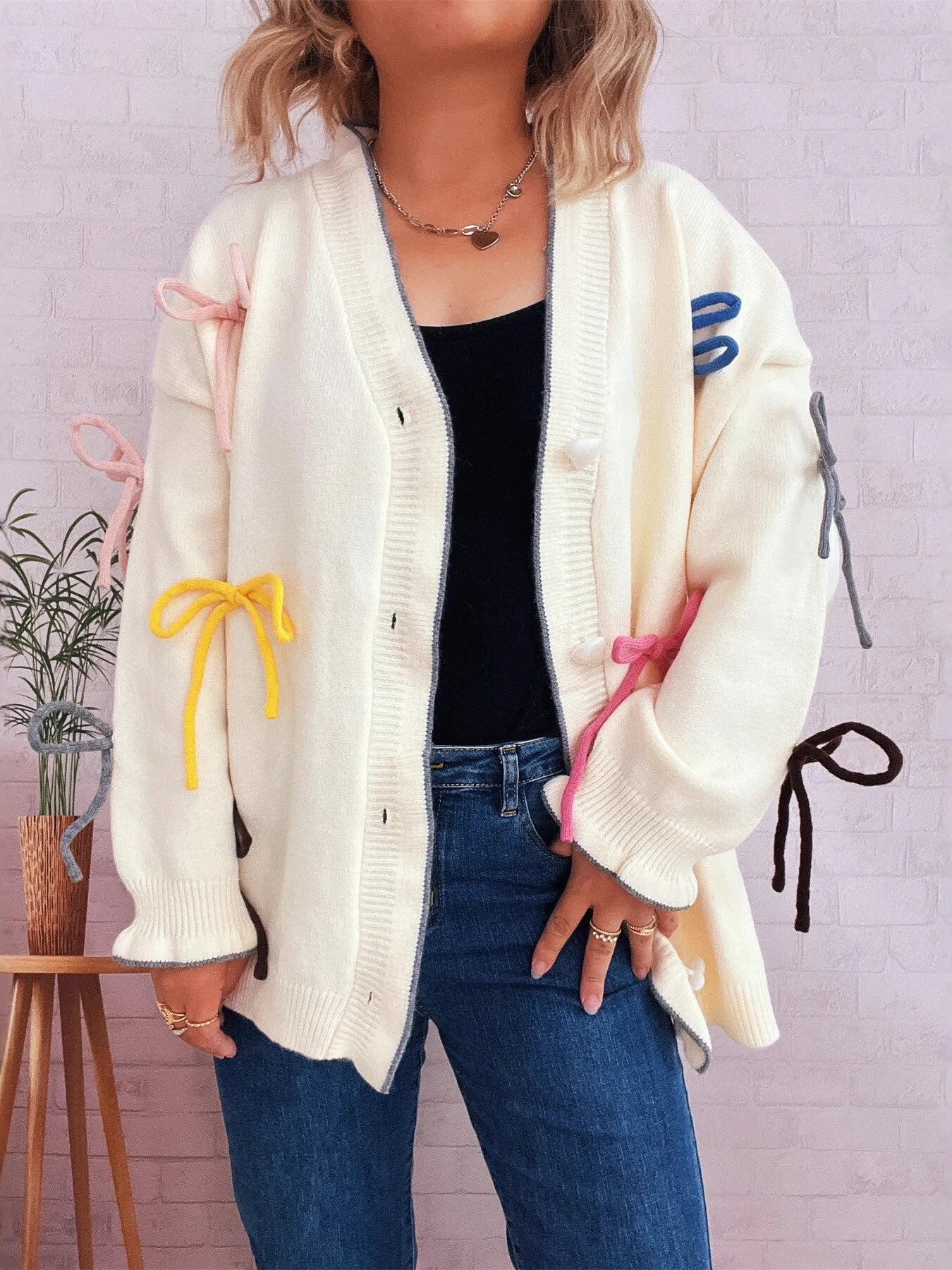 Women's Cardigan White Bow Tie Button Up Knit Long Sleeve One Size White One Size 06645ce62171472ab7b342d9ca428483-Max-Origin Trendsi