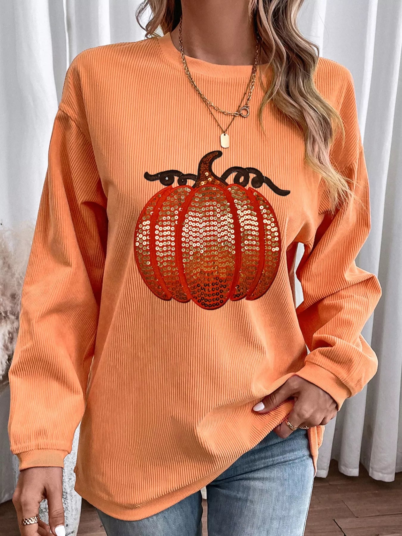Women's Sweatshirt Halloween Sequined Pumpkin Ribbed Round Neck Top 0666403c-0855-4c38-994b-4c3abfd10382-Max-Origin Trendsi