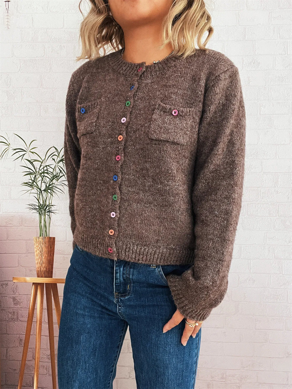 Women's Cardigan Colorful Button-Up Ribbed Hem with Chest Pocket Brown One Size 067fabcccd714bc4877e18837aa6567d-Max-Origin Trendsi