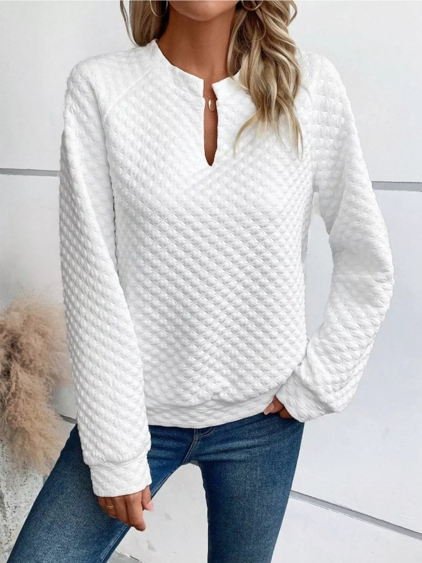 Women's Sweatshirt Textured Notched Raglan Long Sleeve Top 068771d5d10b4713a556fc795611a5fa-Max-Origin Trendsi
