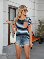Women's T-Shirt Striped Round Neck Short Sleeve Front Pocket Top 068adb23-5ff6-4495-98b7-662293a4f75d-Max Trendsi