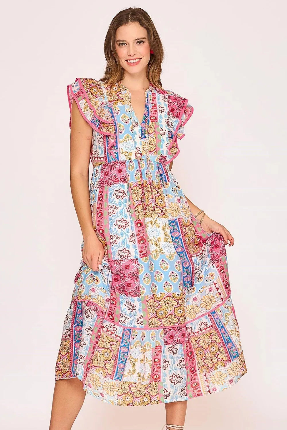 Umgee Midi Dress Pink Mix Floral Tie Neck Double Layered Ruffle Sleeve PINK MIX 069284ae-543b-4955-b4e6-3adf220e21fb-Max-Origin Trendsi