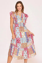 Umgee Midi Dress Pink Mix Floral Tie Neck Double Layered Ruffle Sleeve PINK MIX 069284ae-543b-4955-b4e6-3adf220e21fb-Max-Origin Trendsi