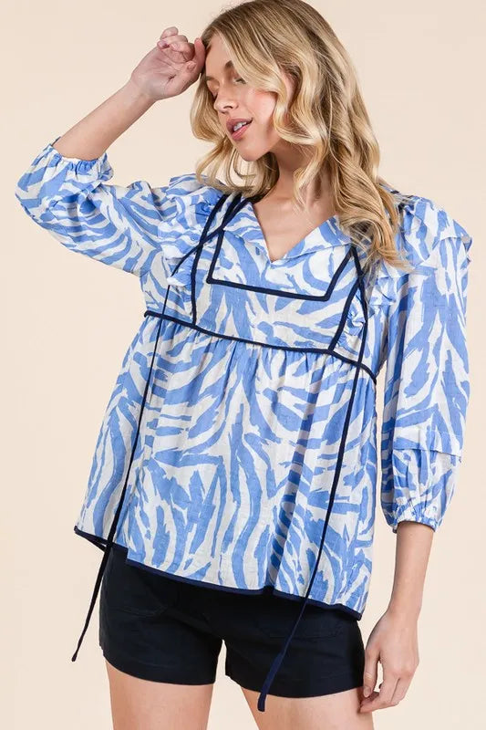 Lime 'N' Chili Blouse Blue Graphic Print Solid Trim Quarter Sleeve Tiered 06947511eb90479292c9b2e7a47d9187-Max-Origin Trendsi