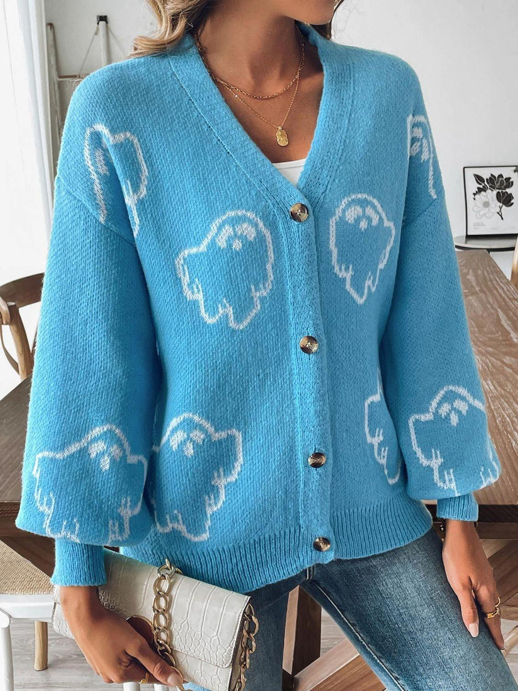 Knit Cardigan Animal Pattern V-Neck Dropped Shoulder Knitwear Cerulean 069c34bb-c85e-4a83-8370-5db012277fd4-Max Trendsi