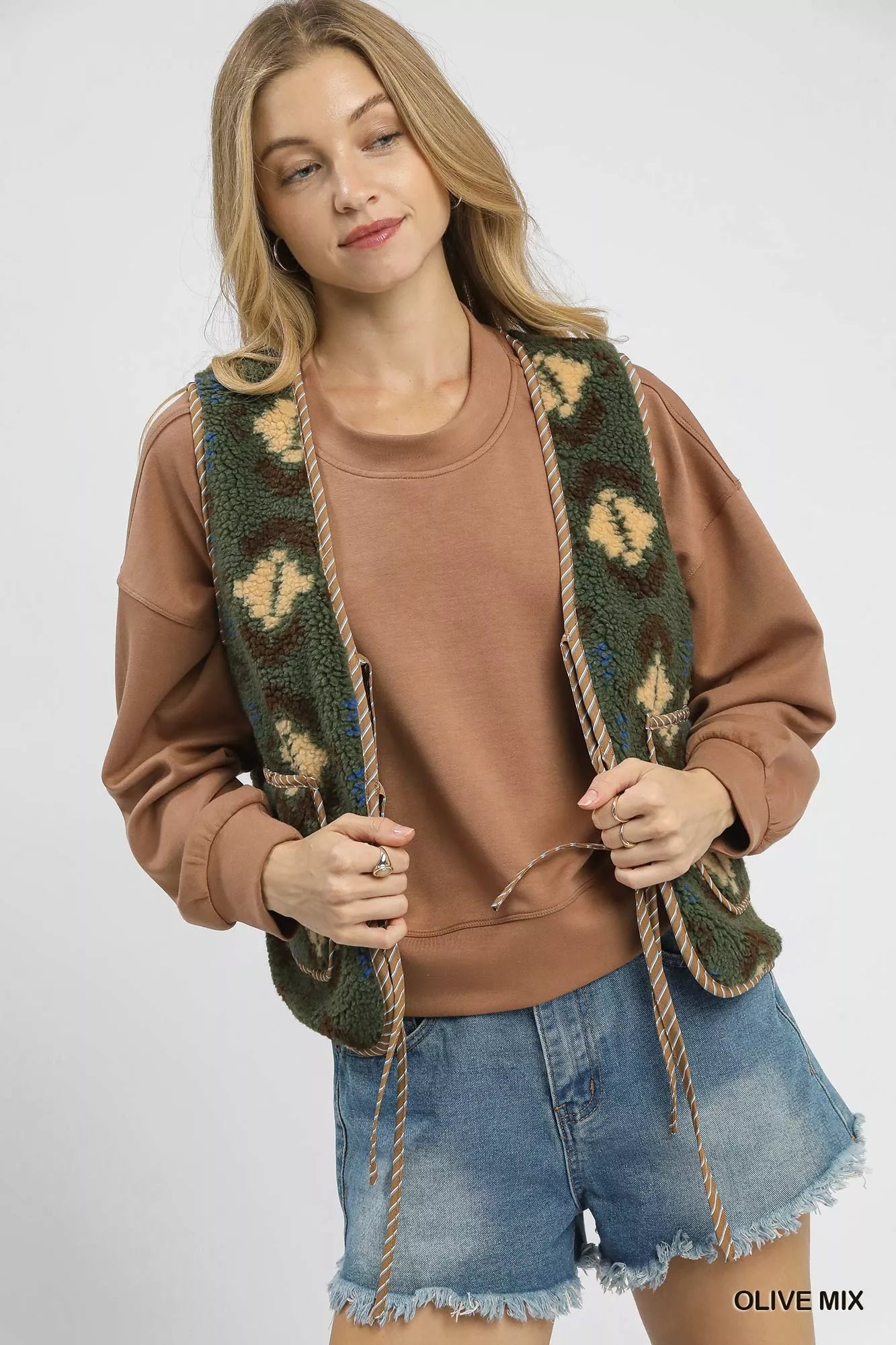 Umgee Womens Vest Olive Mix Patterned Sherpa Tie-Front with Pockets 069f643c-ac1d-4714-a7c3-f4b7fbce1e9a-Max-Origin Trendsi