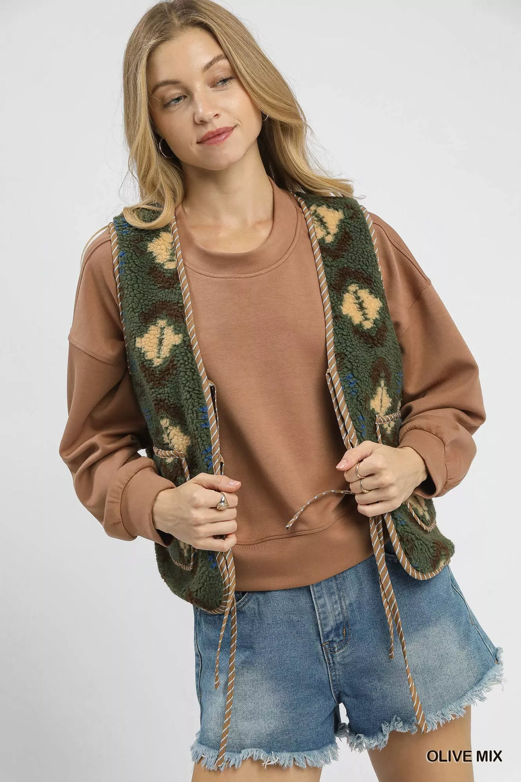 Umgee Womens Vest Olive Mix Patterned Sherpa Tie-Front with Pockets 069f643c-ac1d-4714-a7c3-f4b7fbce1e9a-Max-Origin Trendsi