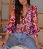 Women's Floral Print Button-Up Shirt Multicolor Lightweight Long Sleeve Top