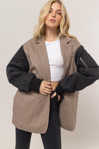 Blazer US HYFVE Herringbone Mixed Media Contrast Long Sleeve Coat Brown 06a7d5ac-b656-4399-b807-0f3272415f9e-Max Trendsi