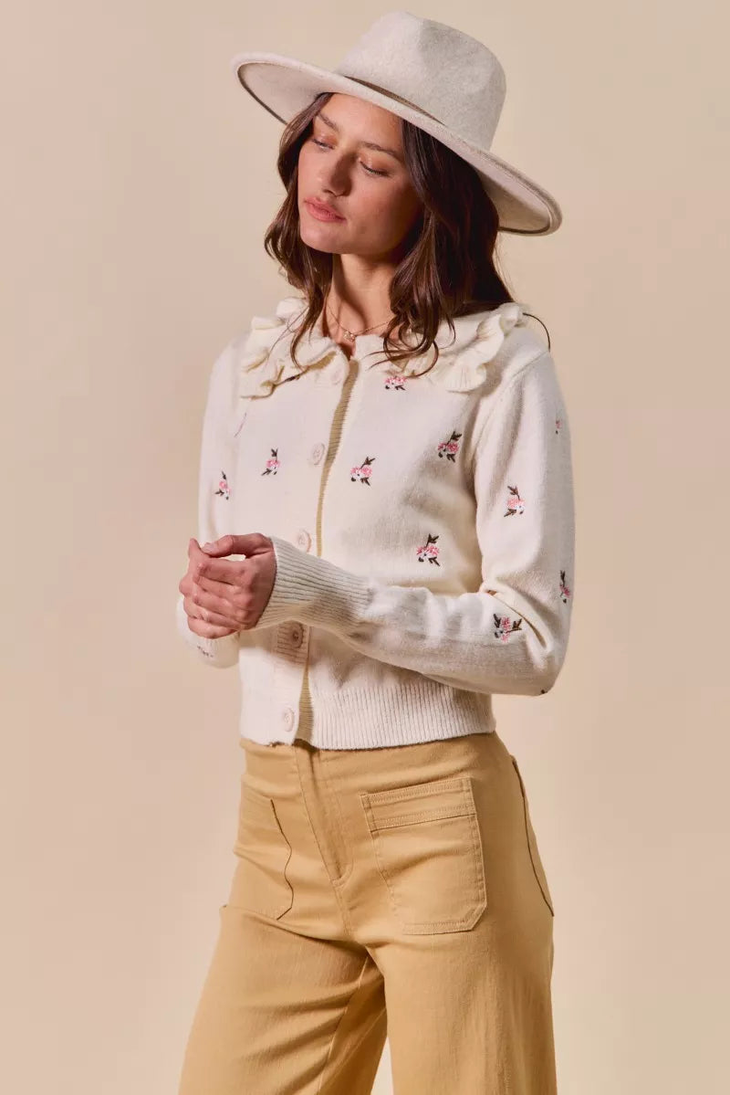 SO ME Women's Cardigan Cream Floral Embroidered Collared Long Sleeve Sweater 06ba75ef04834ea29de86985efbffa17-Max-Origin Trendsi