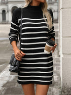 Striped Knit Mini Dress Mock Neck Long Sleeve 06bb1809-155a-43b2-b268-fd50214af9d2-Max Trendsi